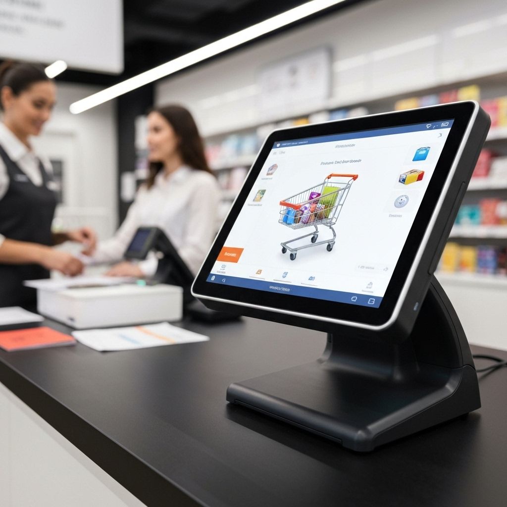 Countertop point of sale terminal on a retail checkout counter